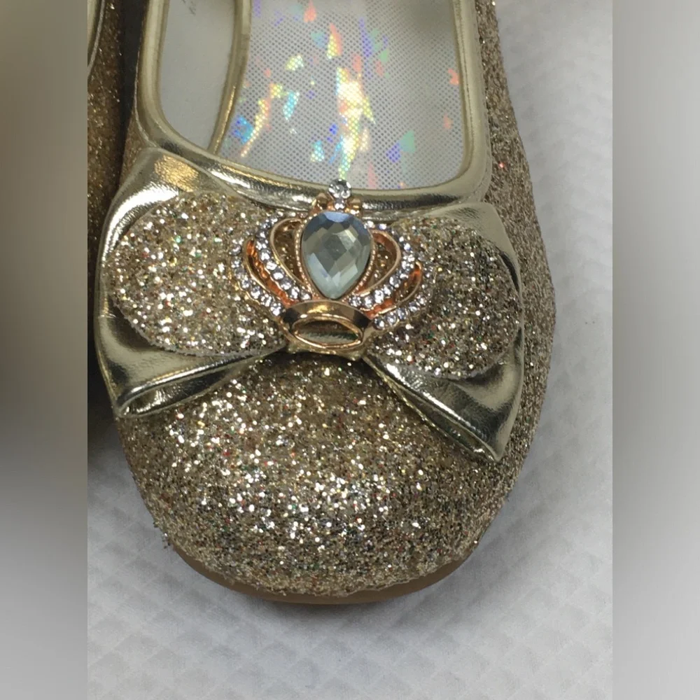 Stelle Girls' Mary Jane Hook & Loop Dress Shoes Gold Glitter Bow Gem Low Heel
